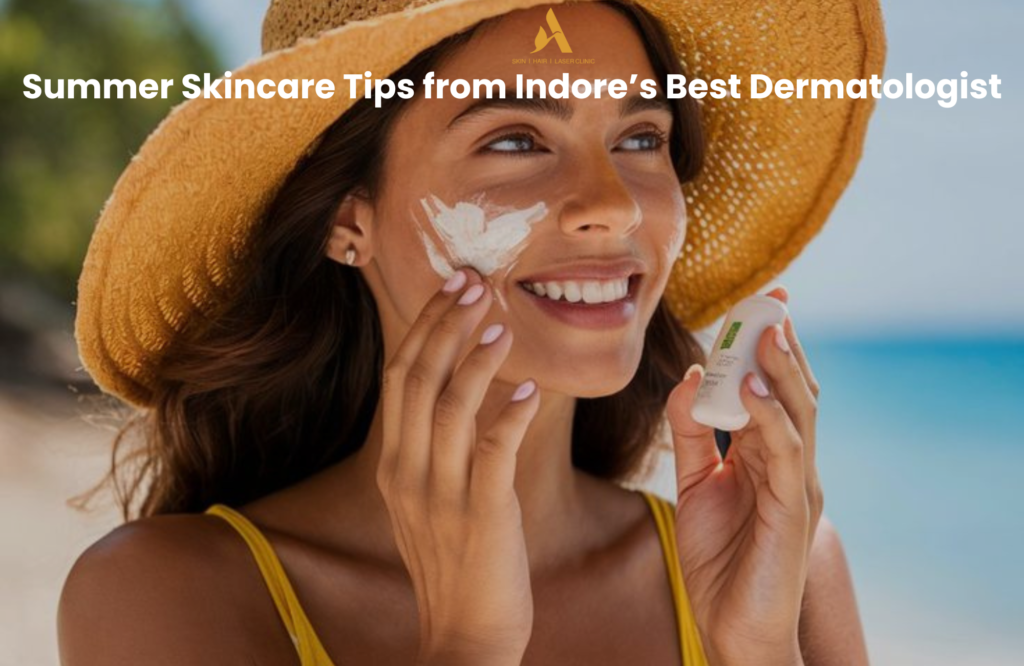 Smiling woman applying sunscreen on her face, wearing a yellow hat, with a summer beach background, representing skincare tips from Indore’s best dermatologist.