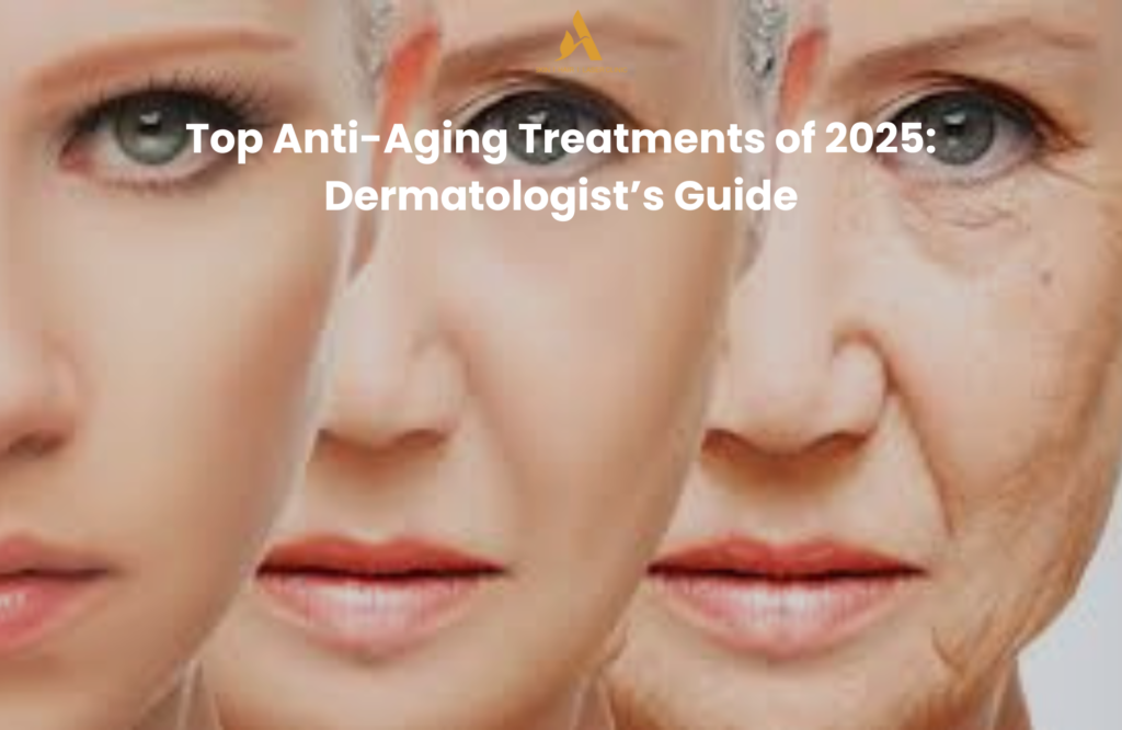 "Visual representation of aging progression in women with the text 'Top Anti-Aging Treatments of 2025: Dermatologist’s Guide' overlayed."