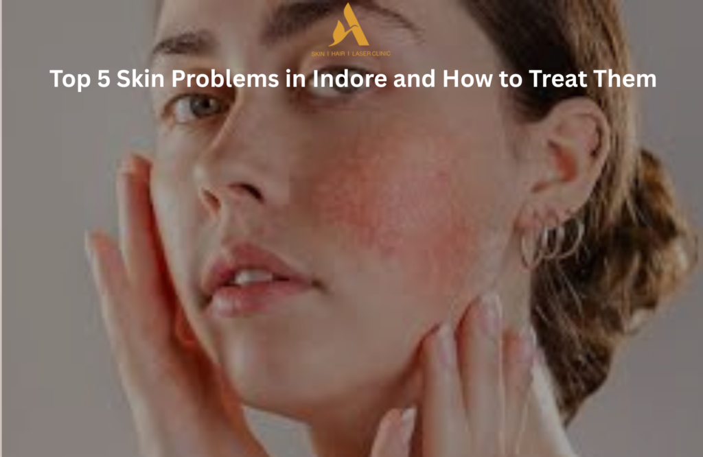 "Woman with red irritated skin touching her face — highlighting top skin problems and treatments available at Dr. Atieka Agrawwal's Skin, Hair & Laser Clinic in Indore."